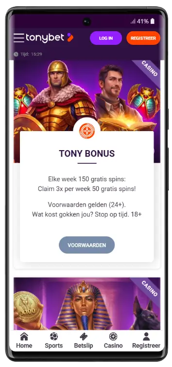 TonyBet wekelijkse gratis spins bonus TonyBet Tony Bonus aanbieding: elke week 150 gratis spins, 3x per week 50 free spins claimen, voorwaarden gelden voor spelers van 24 jaar en ouder