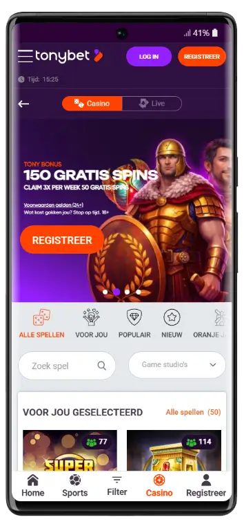 TonyBet Casino mobiele interface TonyBet Casino mobiele startpagina met banner voor 150 gratis spins, spelcategorieën, zoekfunctie en game studio's filter voor Nederlandse spelers