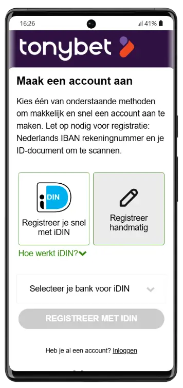 TonyBet account aanmaken via iDIN TonyBet registratiepagina met twee opties: snel aanmelden via iDIN met Nederlands IBAN-rekeningnummer en ID-document, of handmatig registreren