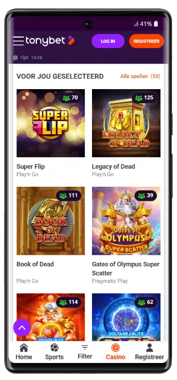 TonyBet Casino slots op mobiel TonyBet Casino mobiele versie met slotspellen: Super Flip, Legacy of Dead, Book of Dead en Gates of Olympus Super Scatter van Play'n Go en Pragmatic Play